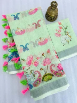 Subh Lilen Saree Flower Print With Fancy Border