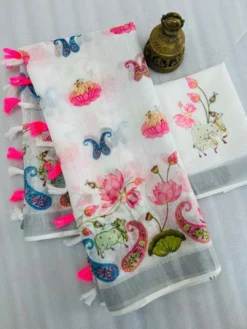 Subh Lilen Saree Flower Print With Fancy Border