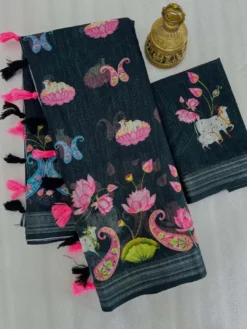 Subh Lilen Saree Flower Print With Fancy Border