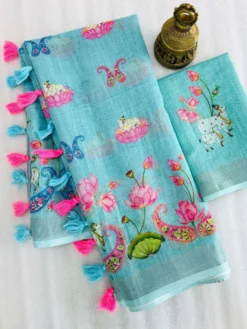 Subh Lilen Saree Flower Print With Fancy Border