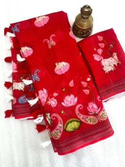 Subh Lilen Saree Flower Print With Fancy Border