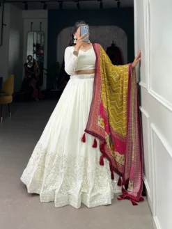 Women 1500 White Georgette Lucknowi Lehenga Choli