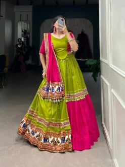 Women 1660 Pink and Parrot Colour Gamthi Work Readymade Navratri Lehenga Choli