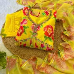 Alia Cut 358 Top Bottom With Dupatta And khatli Work Yellow Color