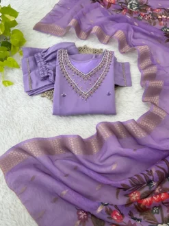 Alia 388 Roman Silk  Lavender Kurti Pant With Dupatta Hand Work Design - Image 3