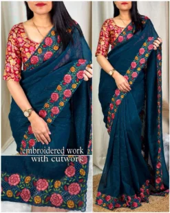 Kajol Rasna Organza Crush Embroidery Saree Wholesale