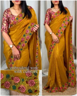 Kajol Rasna Organza Crush Embroidery Saree Wholesale