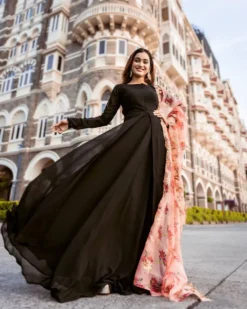 Mohini 9063 Black Flaired Gown with Dupatta Dress