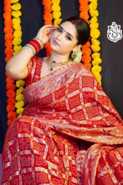 Ms Viscose Meenakali Bandhej Saree With Weaving Work