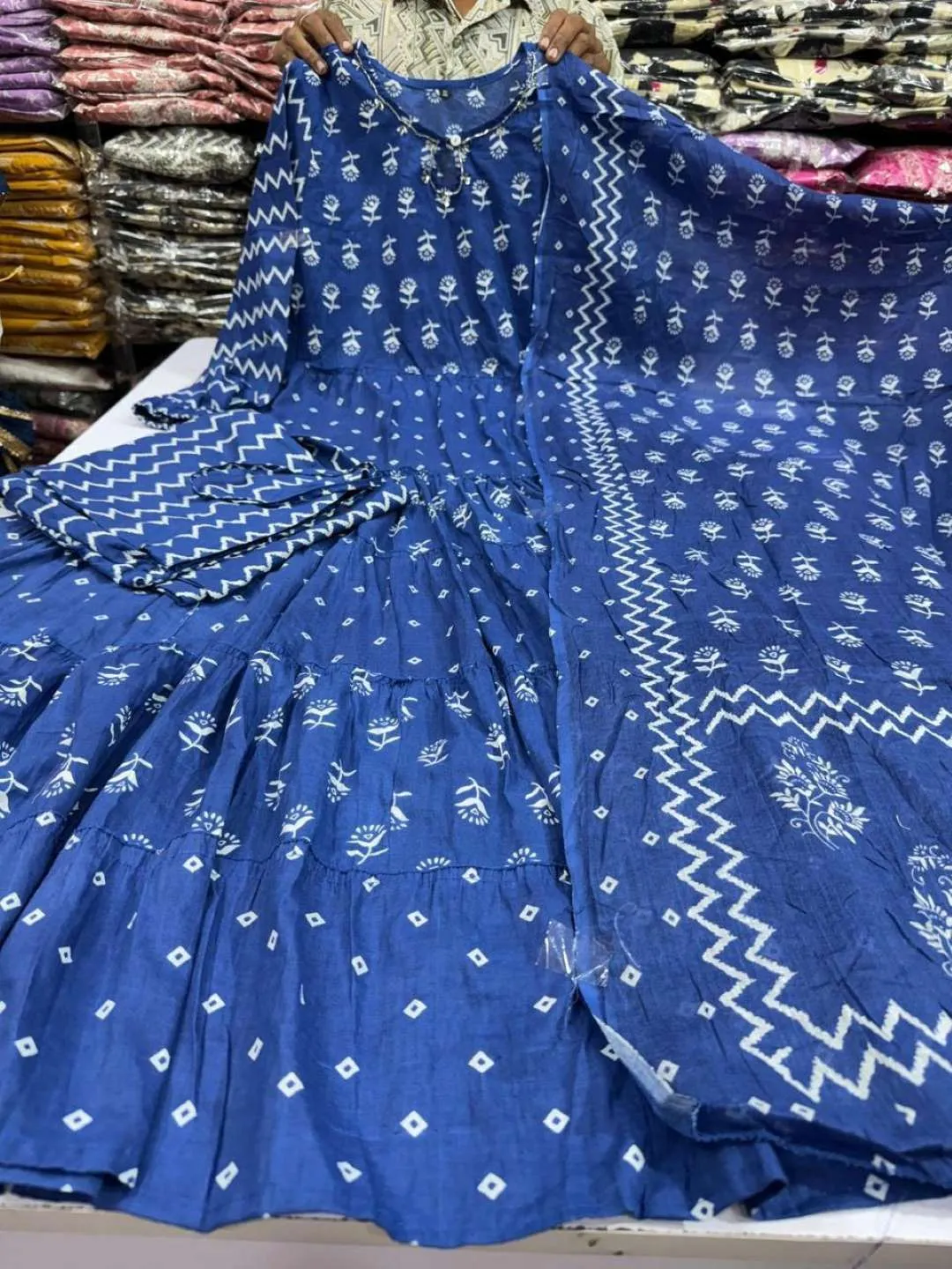 SS1017 Rayon Printed Big Gera Kurti Pant Dupatta Latest Wholesale