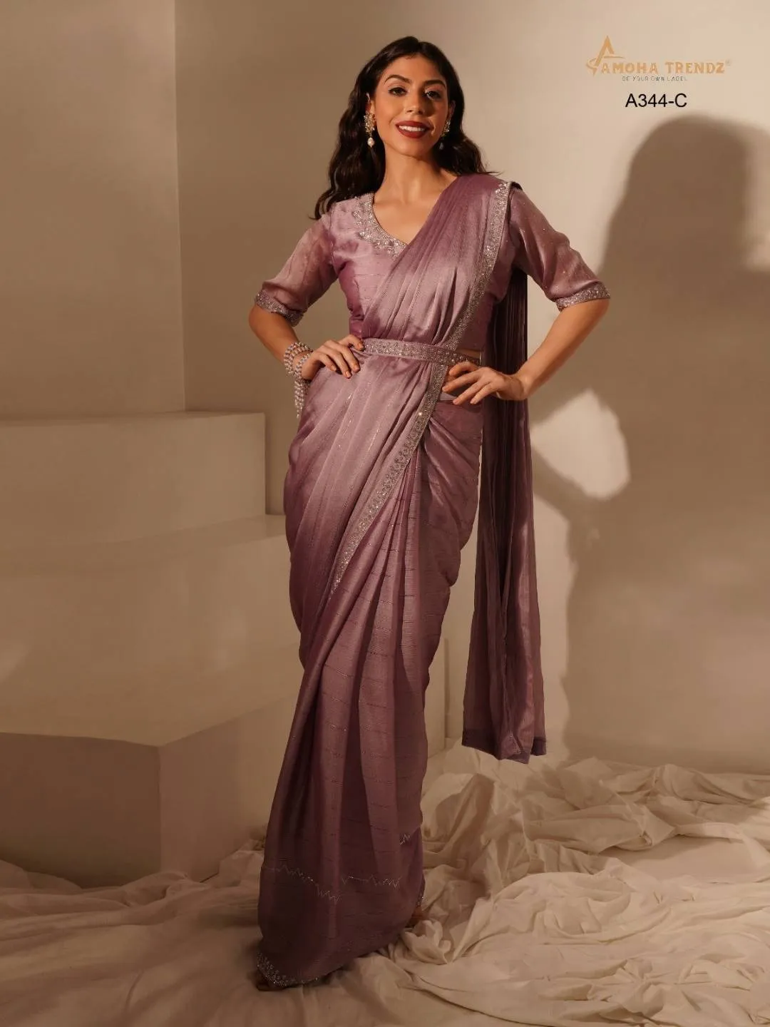 Amoha Trendz A344 Chinon Silk Ready To Wear Saree Under 2500