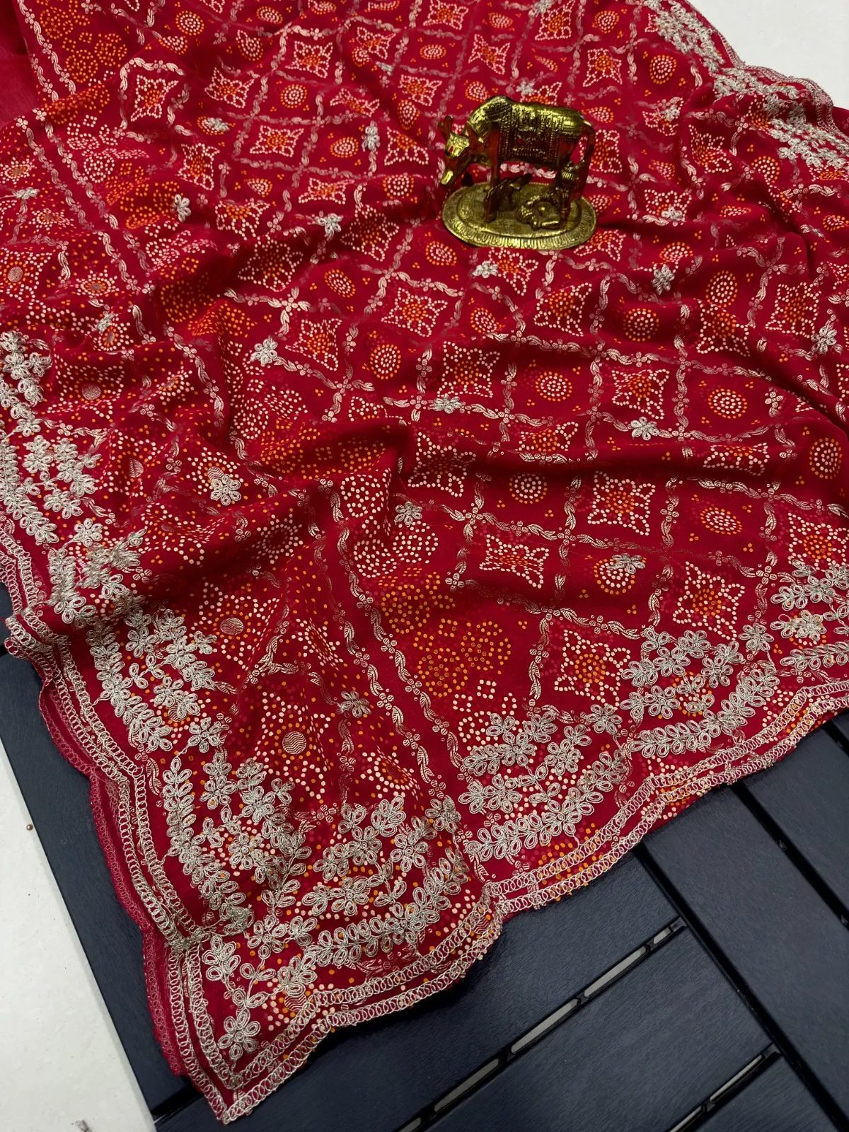 Karishma Rangeela Georgette Unique Print Bandhani Sarees Under 1500