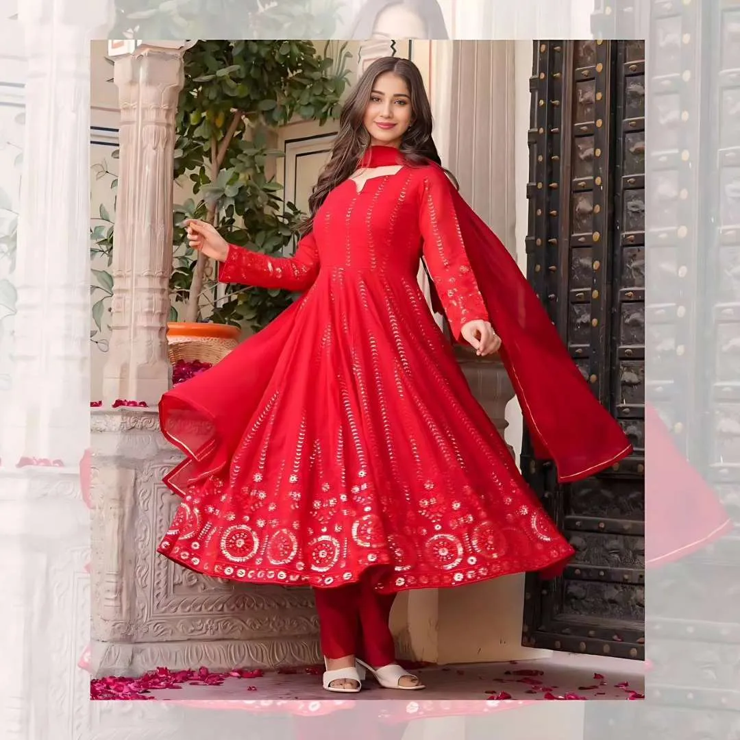 STD 6035 Red Georgette Full Sequence Work Anarkali Gown Pant Dupatta