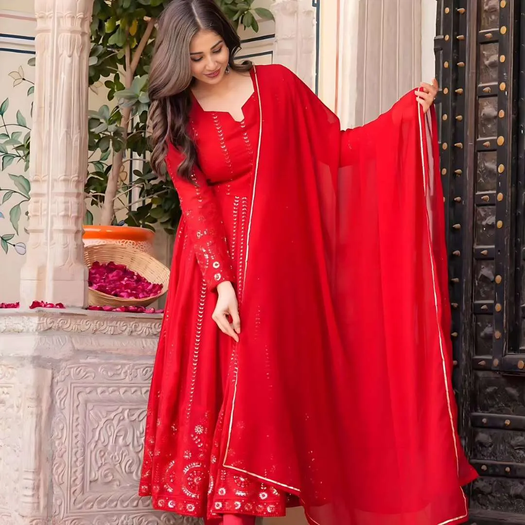 STD 6035 Red Georgette Full Sequence Work Anarkali Gown Pant Dupatta