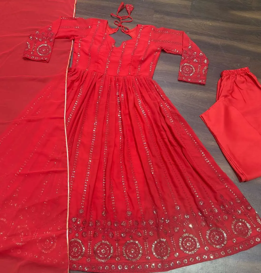 STD 6035 Red Georgette Full Sequence Work Anarkali Gown Pant Dupatta