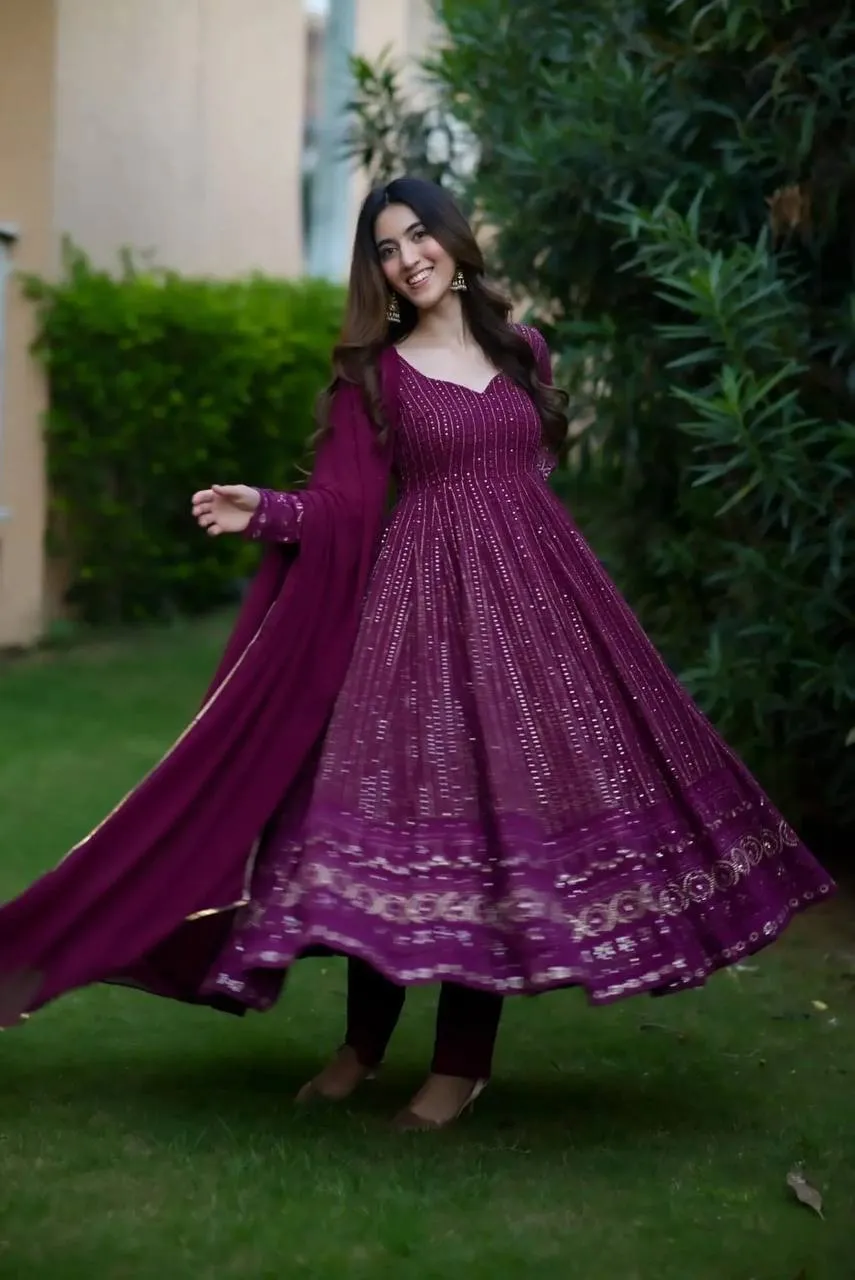 STD 6039 Purple Blooming sequence Embroidery Anarkali Kurti Set Collection