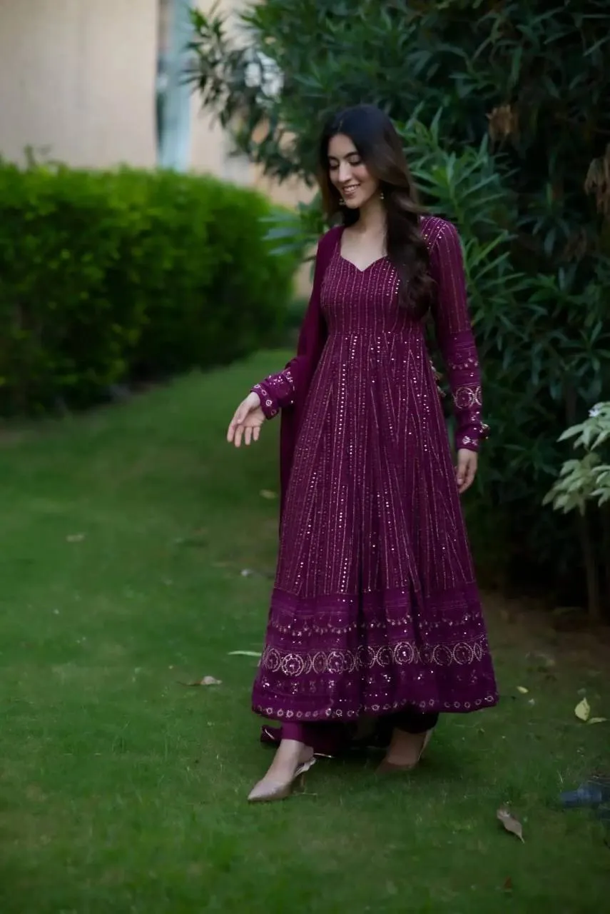 STD 6039 Purple Blooming sequence Embroidery Anarkali Kurti Set Collection