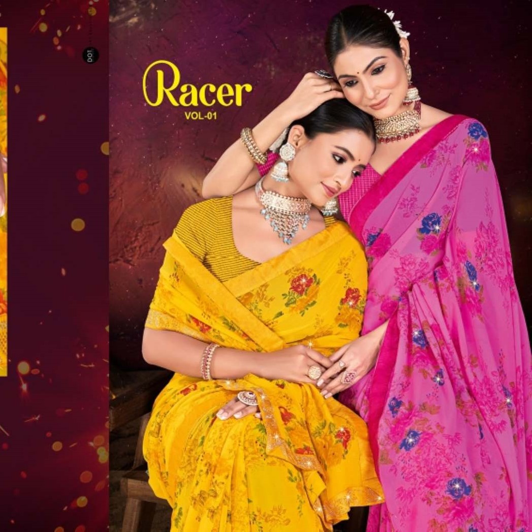 ANK Racer Vol Georgette Printed Siroski work Lace Border 