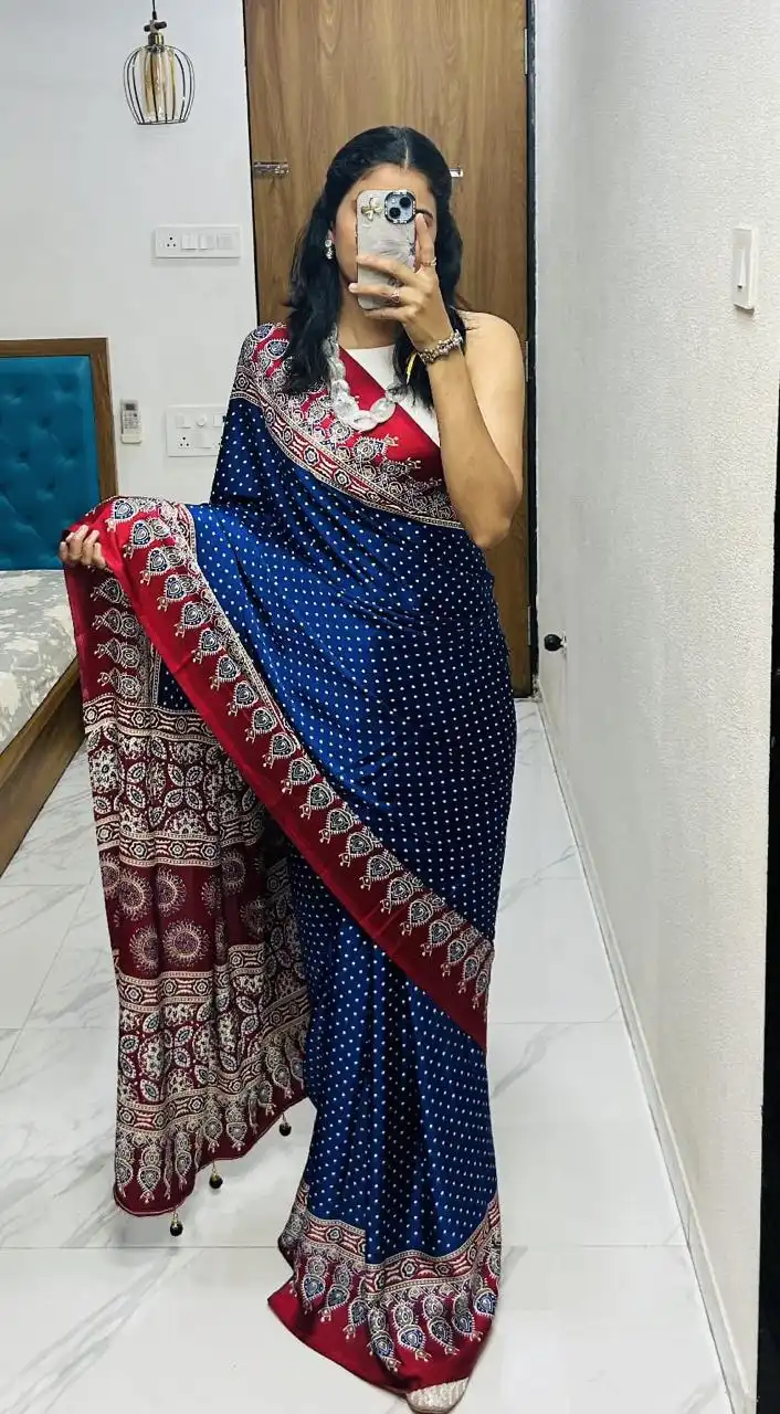 SS6077 Ajrakh Digital Print Semi Gaji Silk Saree Below 700