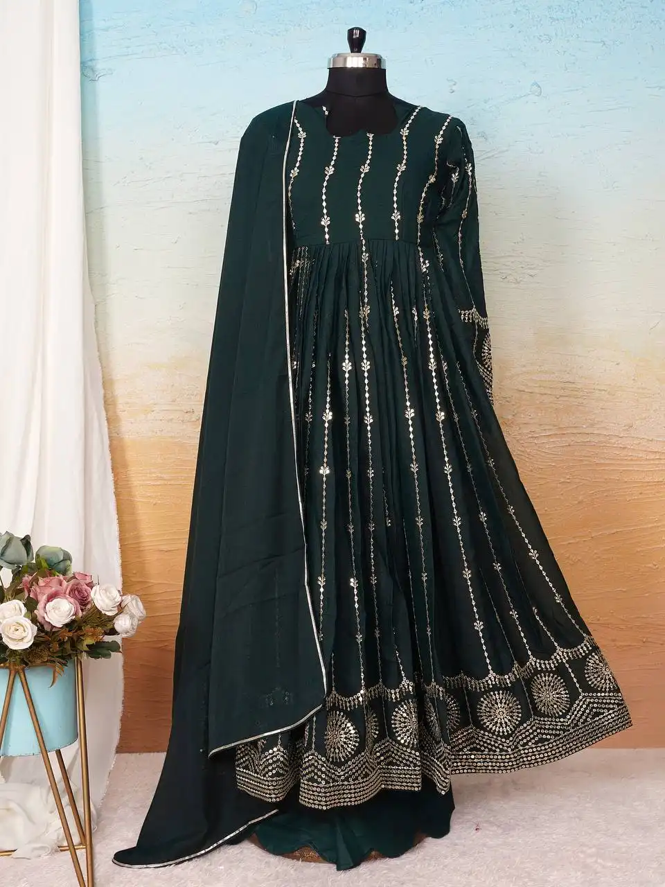 STD 6069 Georgette Bottle Green Gown With Dupatta Anarkali Style