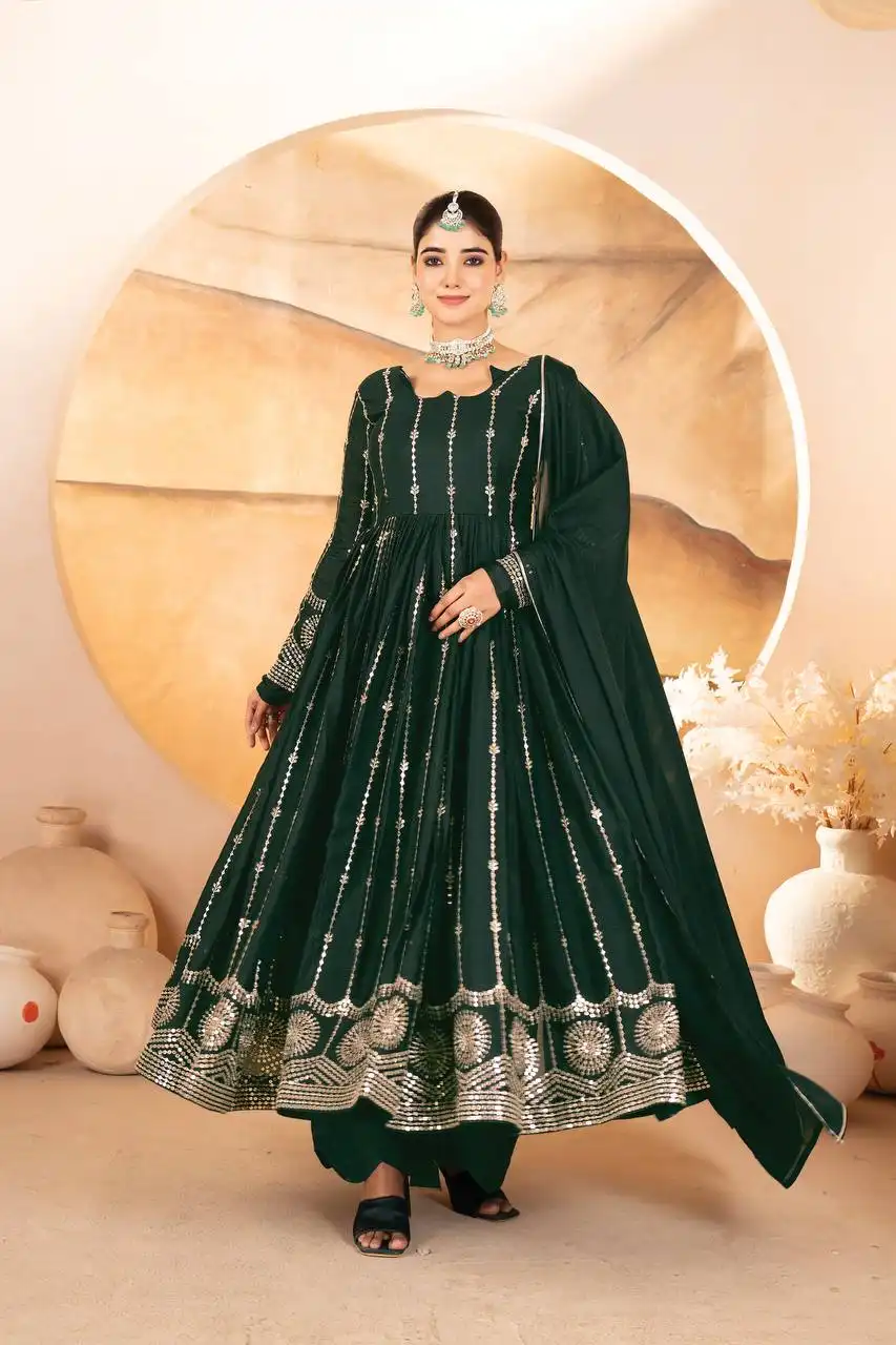 STD 6069 Georgette Bottle Green Gown With Dupatta Anarkali Style
