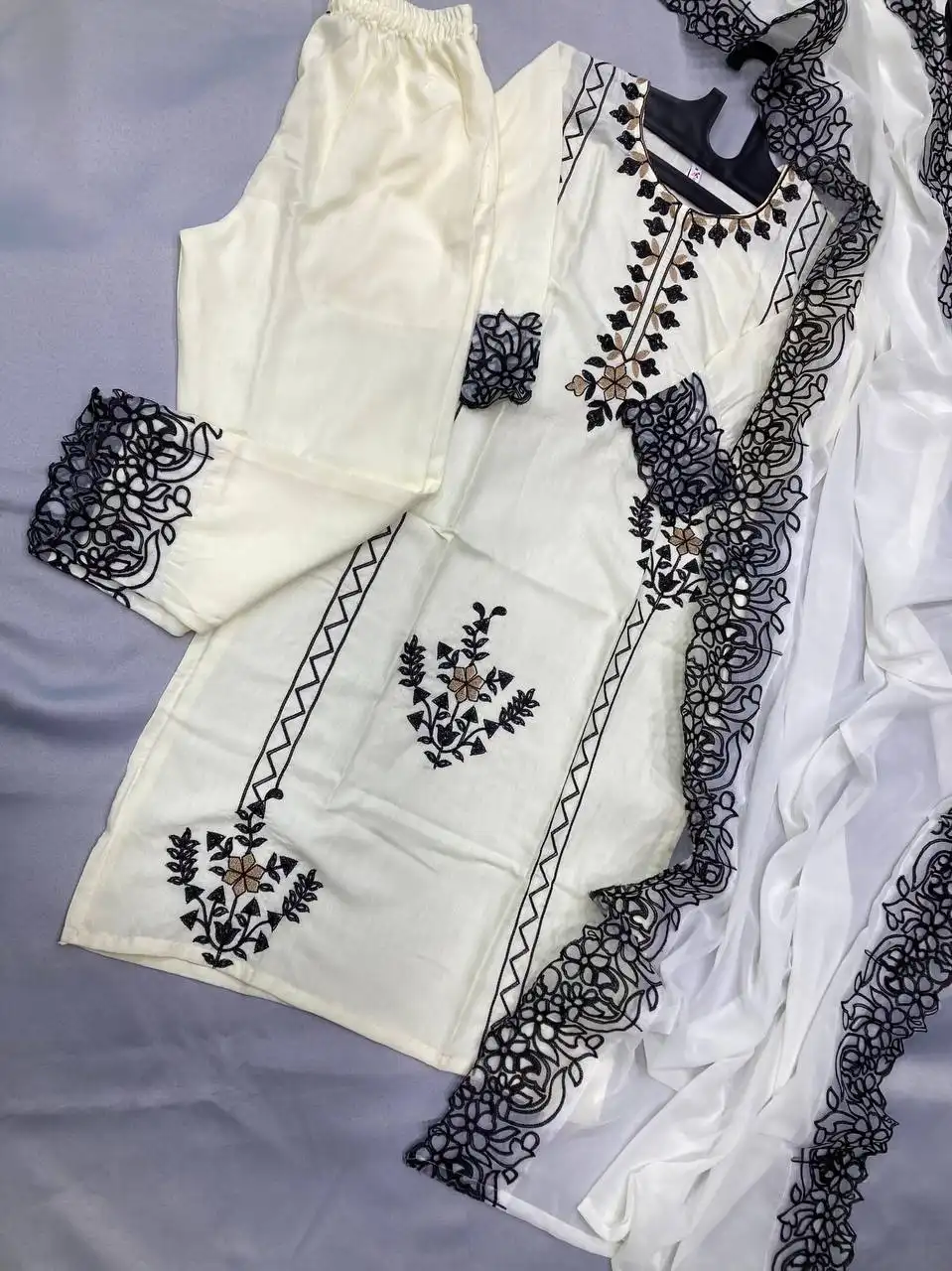 Kiara Black And White Cotton 3Pc Readymade Dress Wholesale