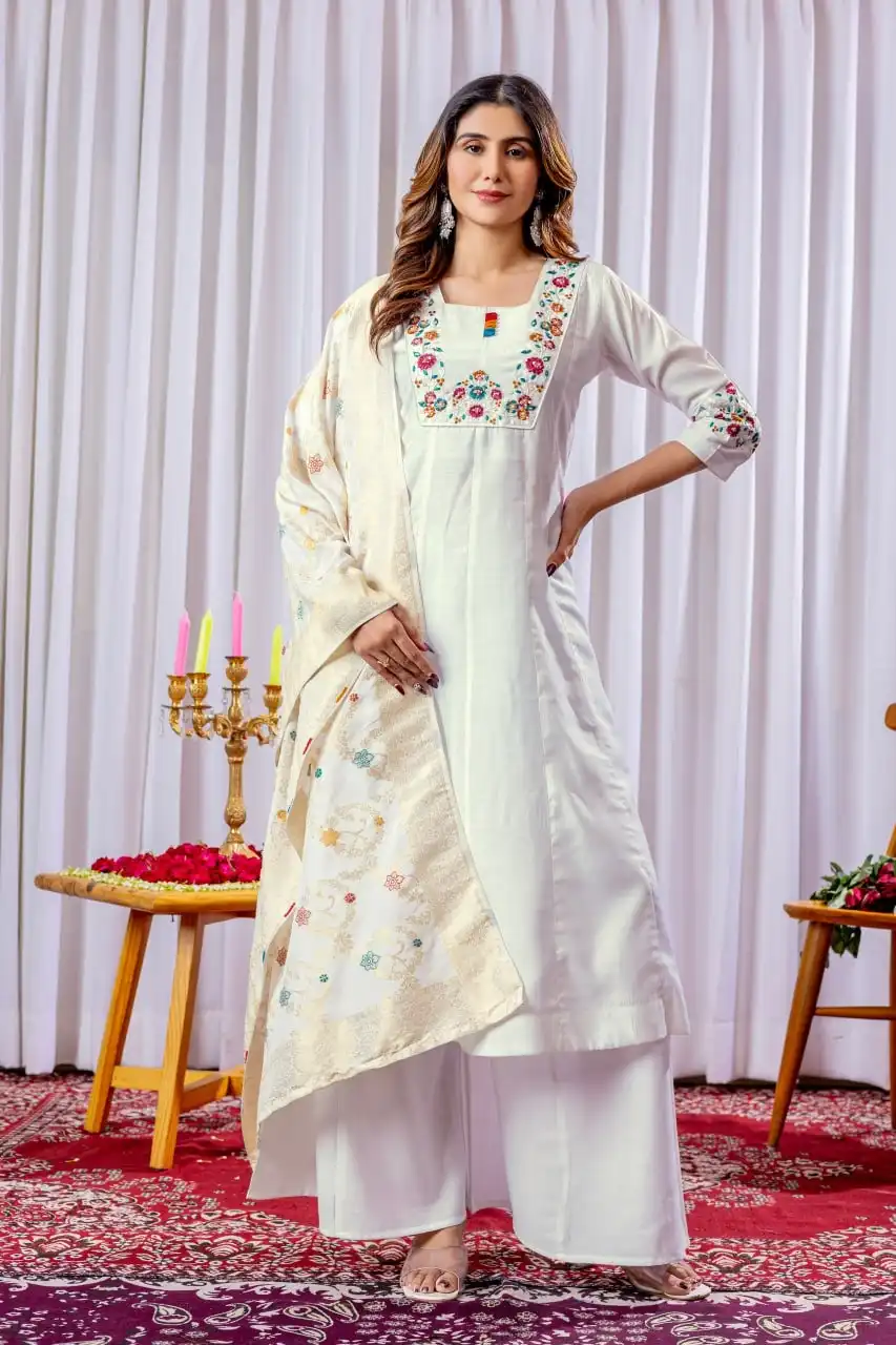 Lila Vol 14 Mango Silk White Long Kurti With Palazzo Set Heavy Work