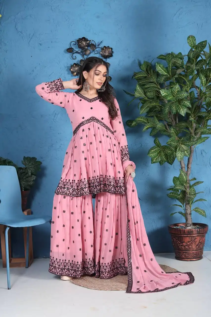 Baby 6632 Pink Georgette Kedia Sharara Suit With Embroidery Work