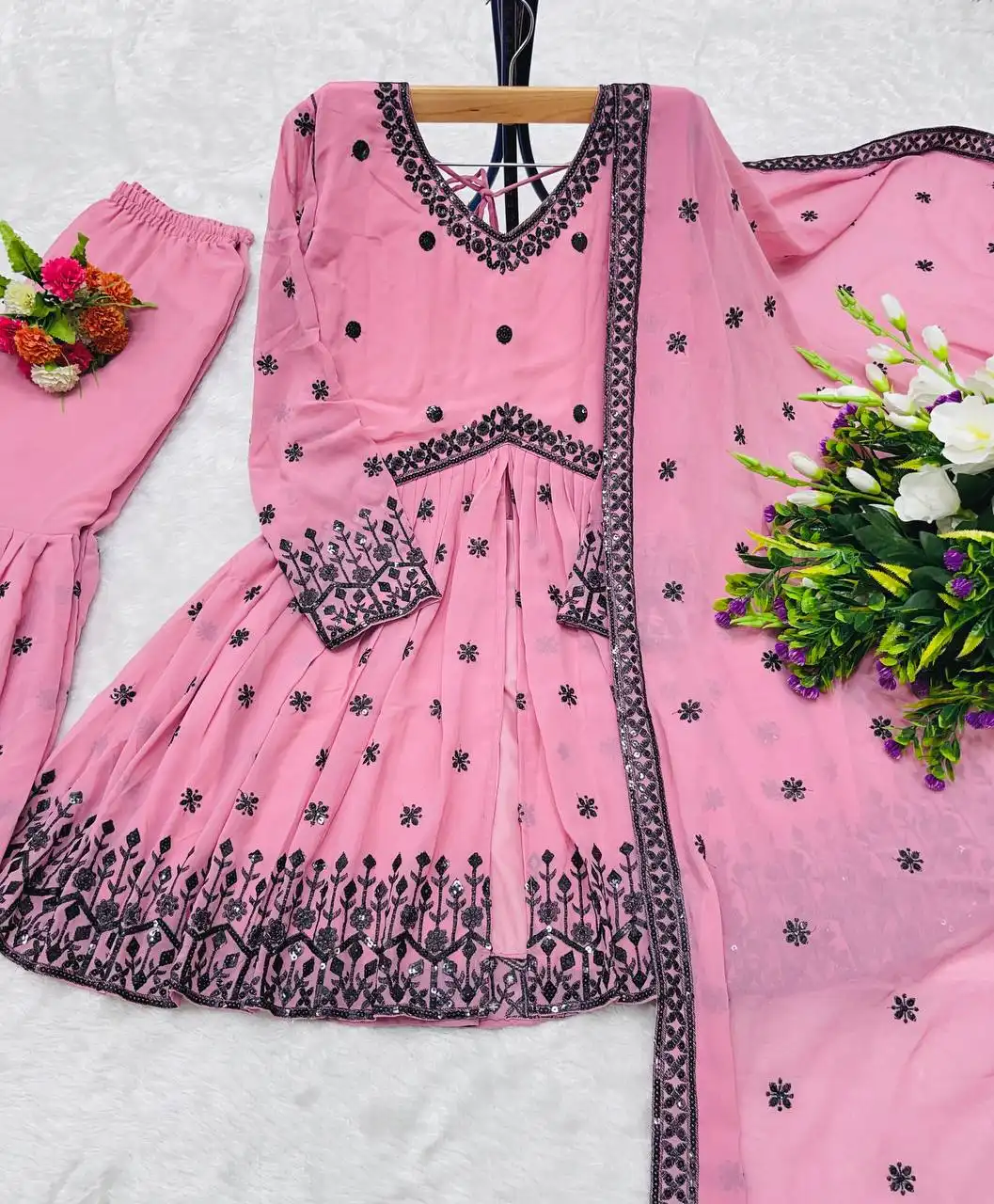 Baby 6632 Pink Georgette Kedia Sharara Suit With Embroidery Work