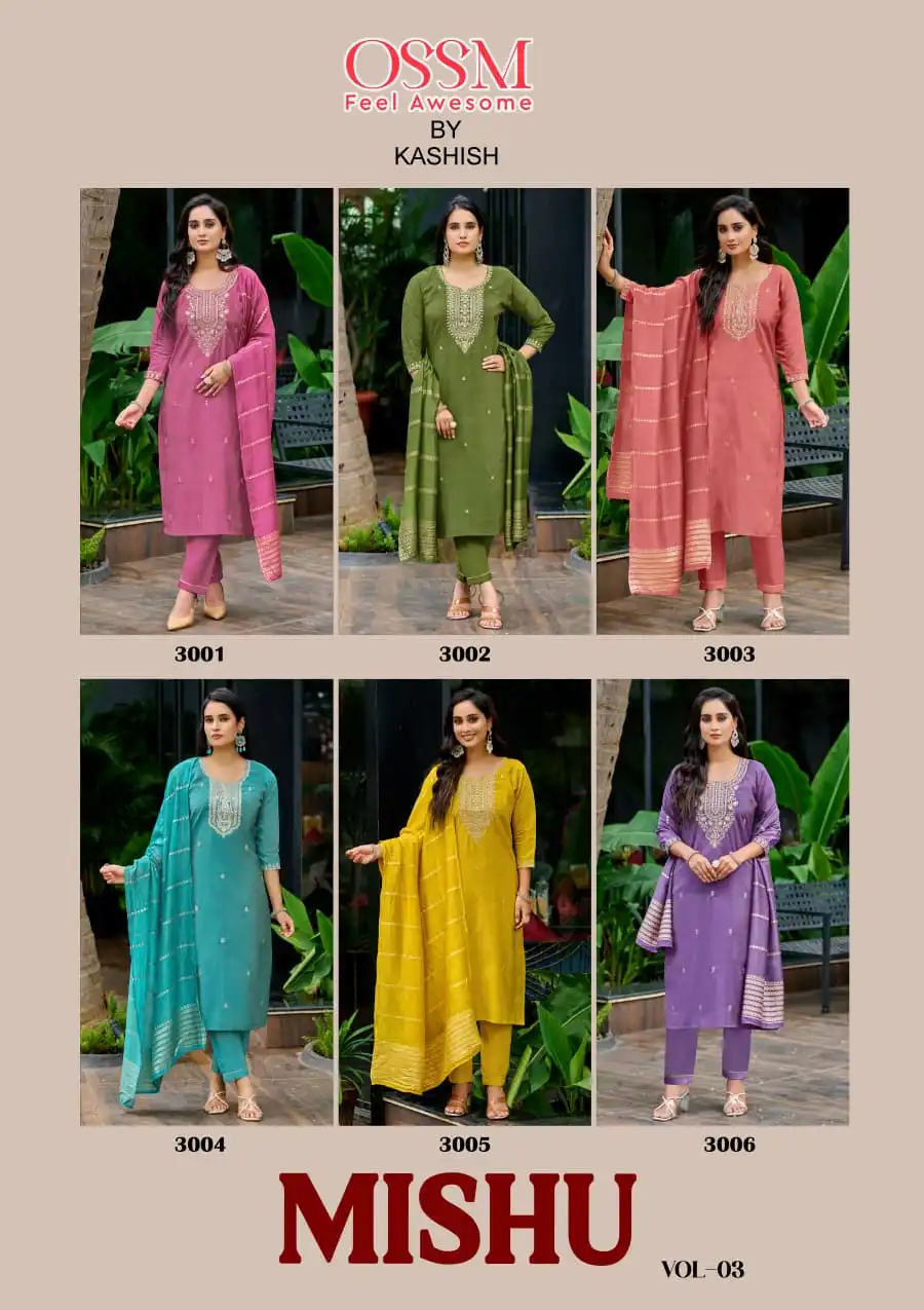 Ossm Mishu Vol 3 Roman Simmer Kurti Pant And Dupatta Collection