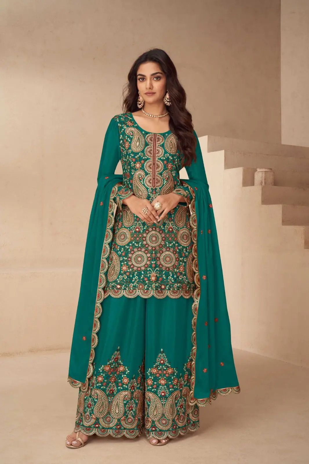 Gulkayra Noora Chinon Diwali Sharara Suit With Embroidery Work