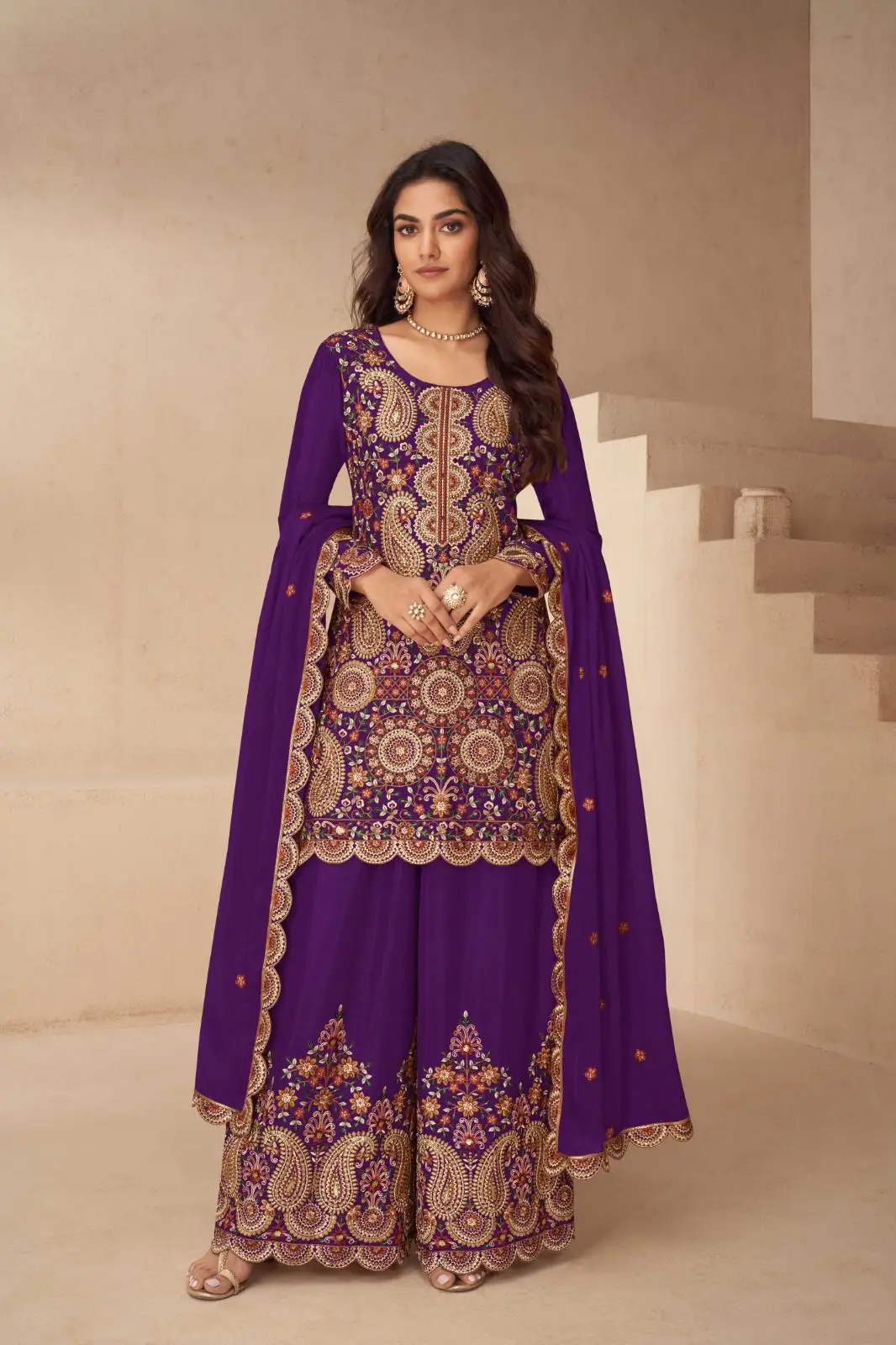 Gulkayra Noora Chinon Diwali Sharara Suit With Embroidery Work