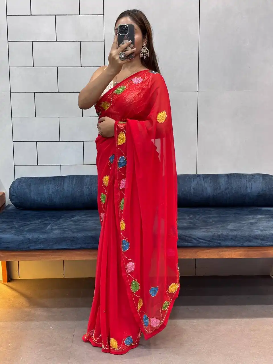 WMS Georgette Red Saree Brush Print Flower Hand Work