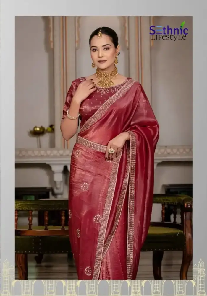 Sethnic Evaraa Gold Crush Saree With Zarkan Work