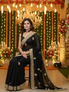 DKT Black Sanna Silk Saree With Diamond Work