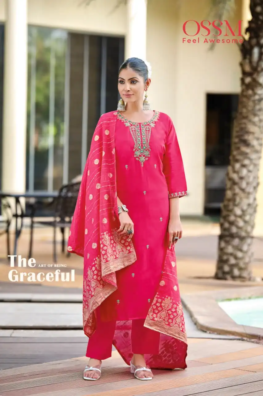 Ossm Heer Roman Silk Kurti Pant With Dupatta 06 Pcs Set