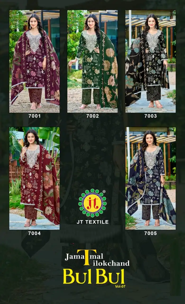 Jt Bulbul Vol 7 Rayon Printed Dress Material 05 Pcs Set