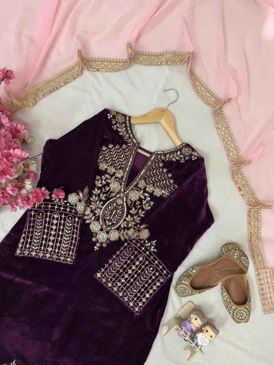 C585 1424 Velvet Readymade Dress With Zari Embroidery