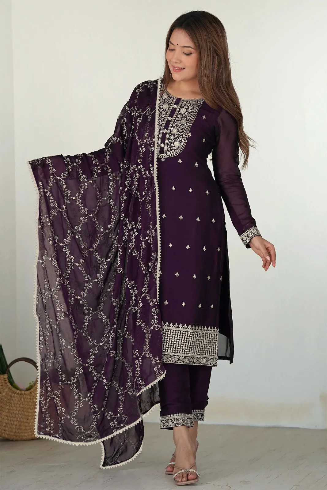 FFD Zilmil Purple Georgette Kurti Pant Dupatta Below 1000