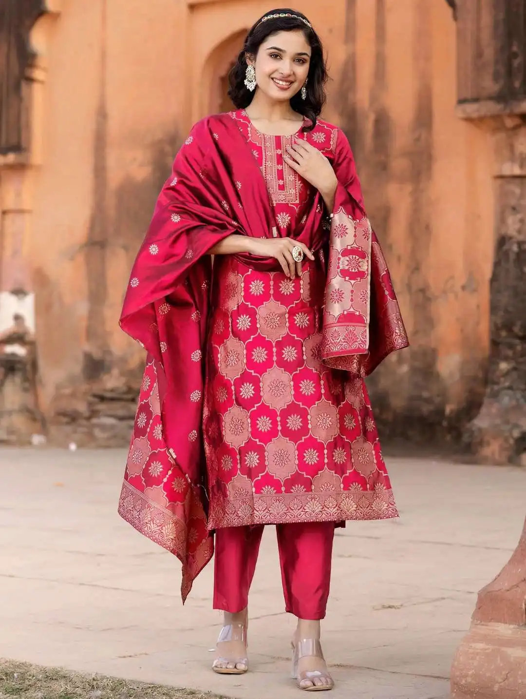 FFD Pink Jacquard Kurta Pent With Dupatta 05 Pcs Set