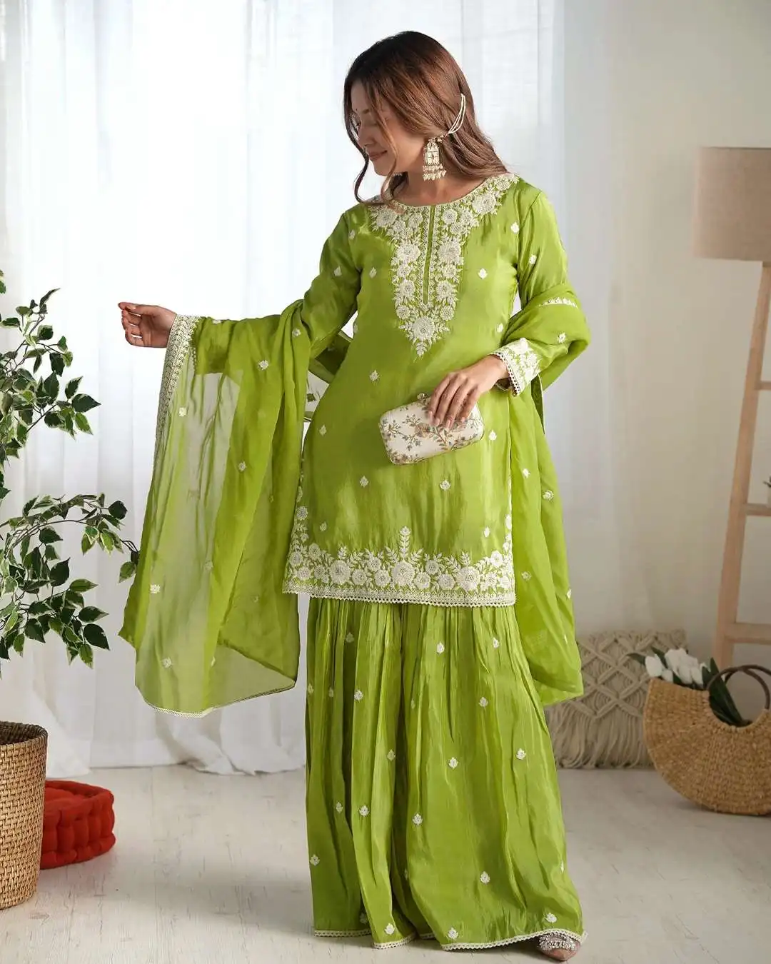 FFD Chinon Embroidery Gharara Suit 05 Pcs Set