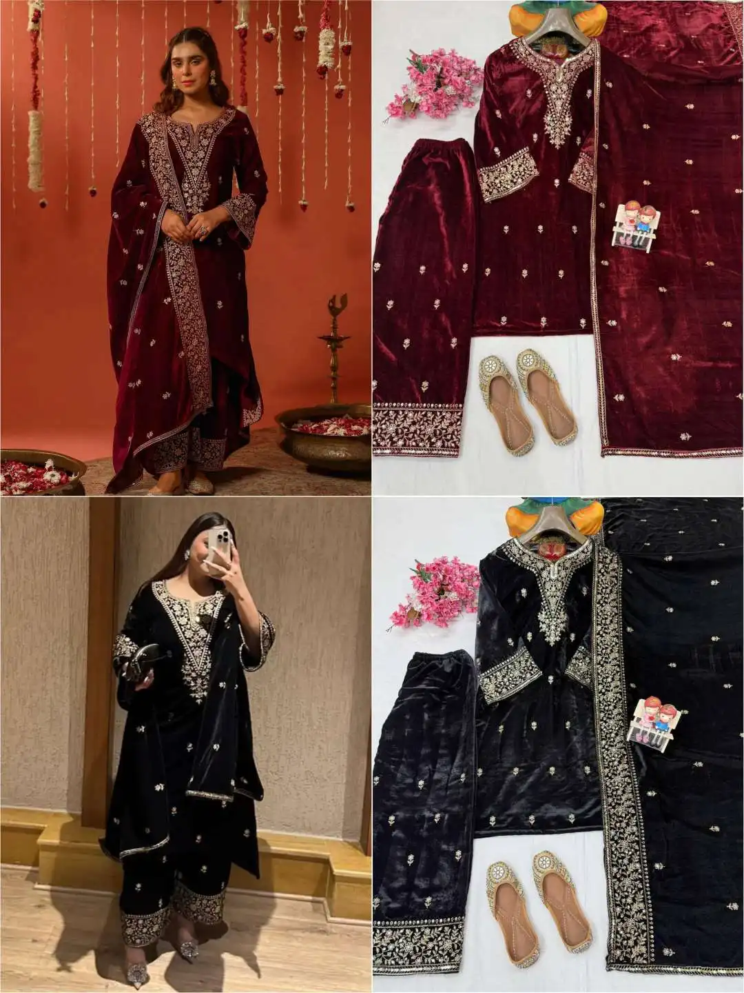 C585 1411 Velvet Embroidery Readymade Dress 02 Pcs Set