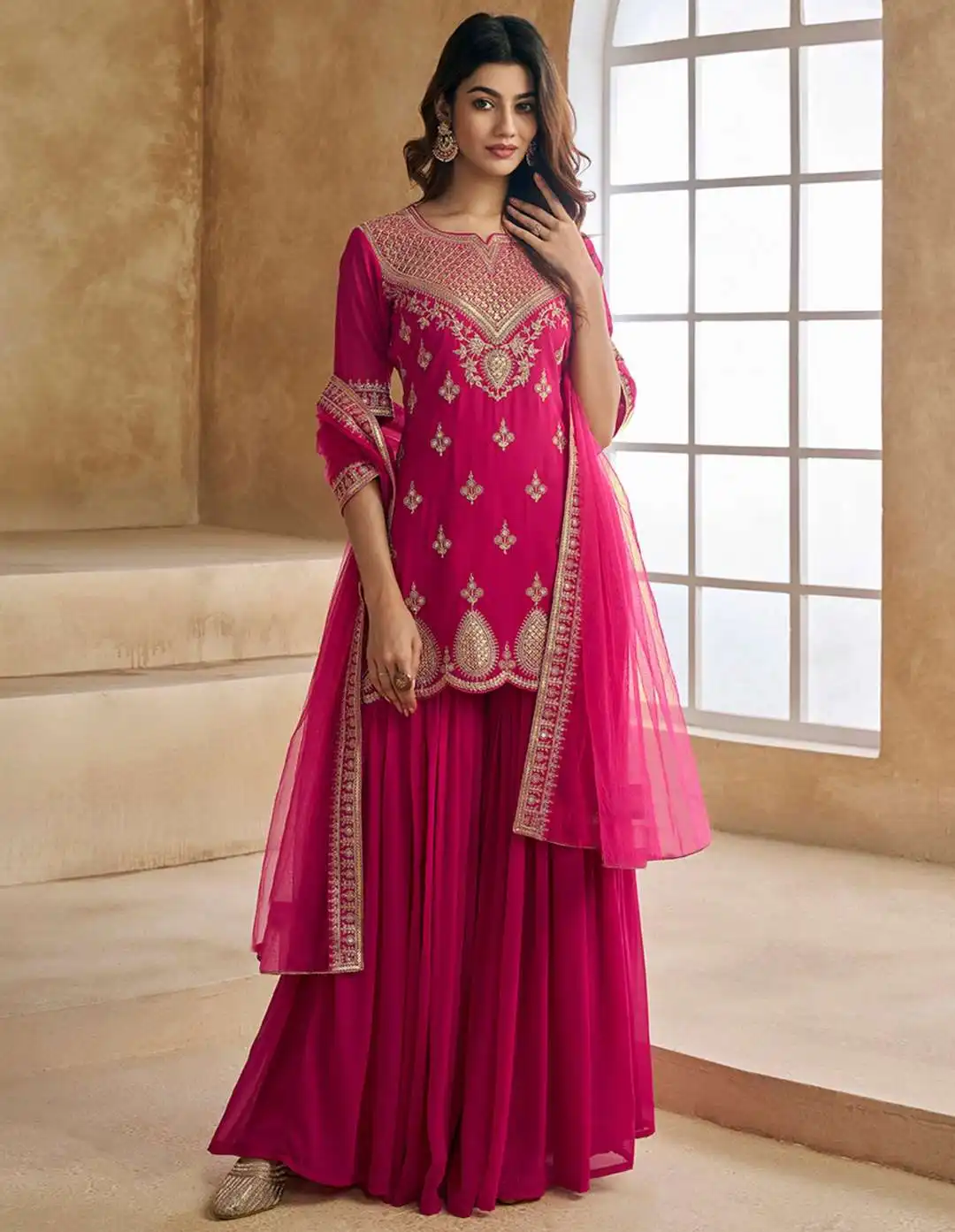 FFD Pink Georgette Festive Sharara Suit 05 Pcs Set