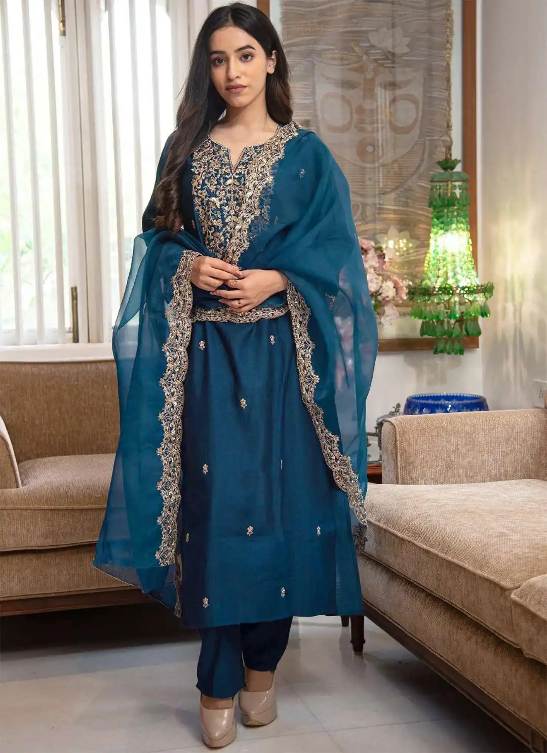 FFD Cerulean Blue Tesla Kurti Pent Dupatta 05 Pcs Set