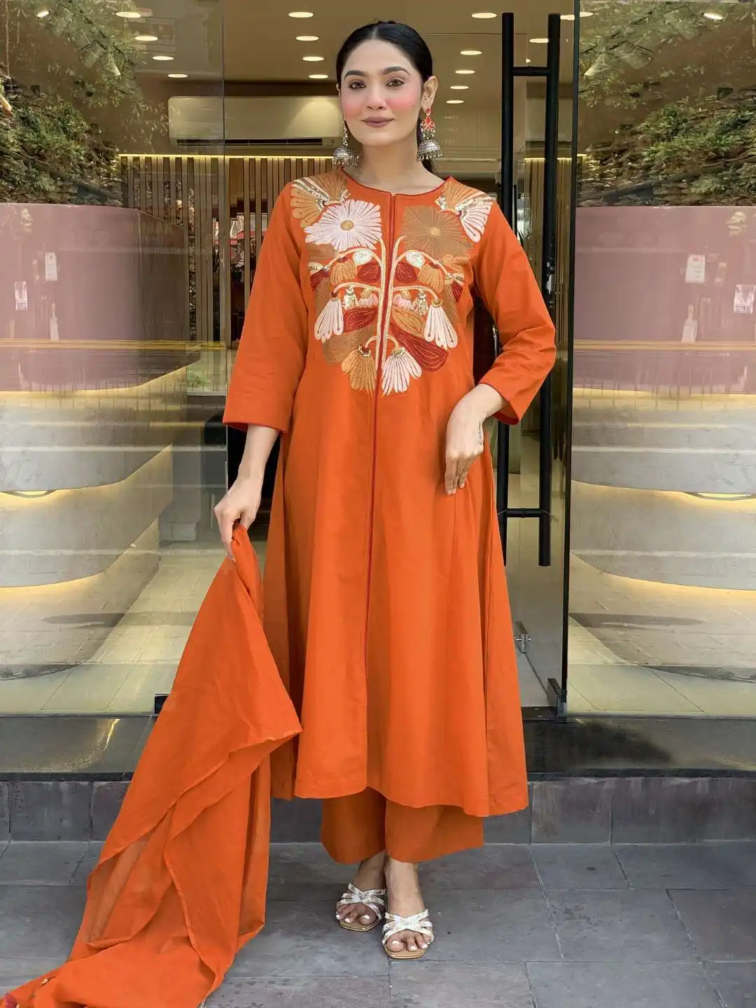 FFD Orange Tesla Anarkali Readymade Dress 05 Pcs Set