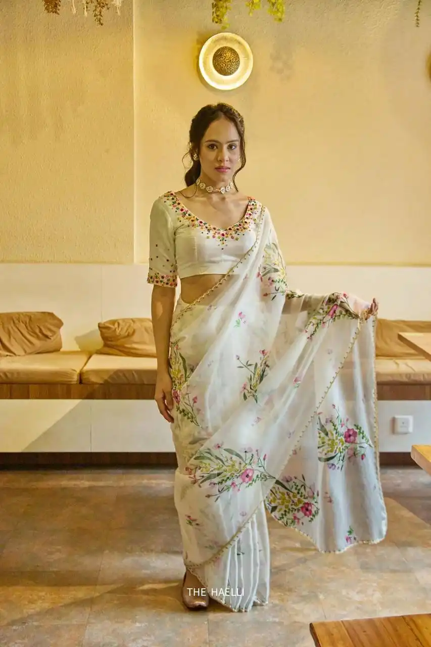 WMS Tabi Soft Organza Flower Work Saree 02 Pcs Set