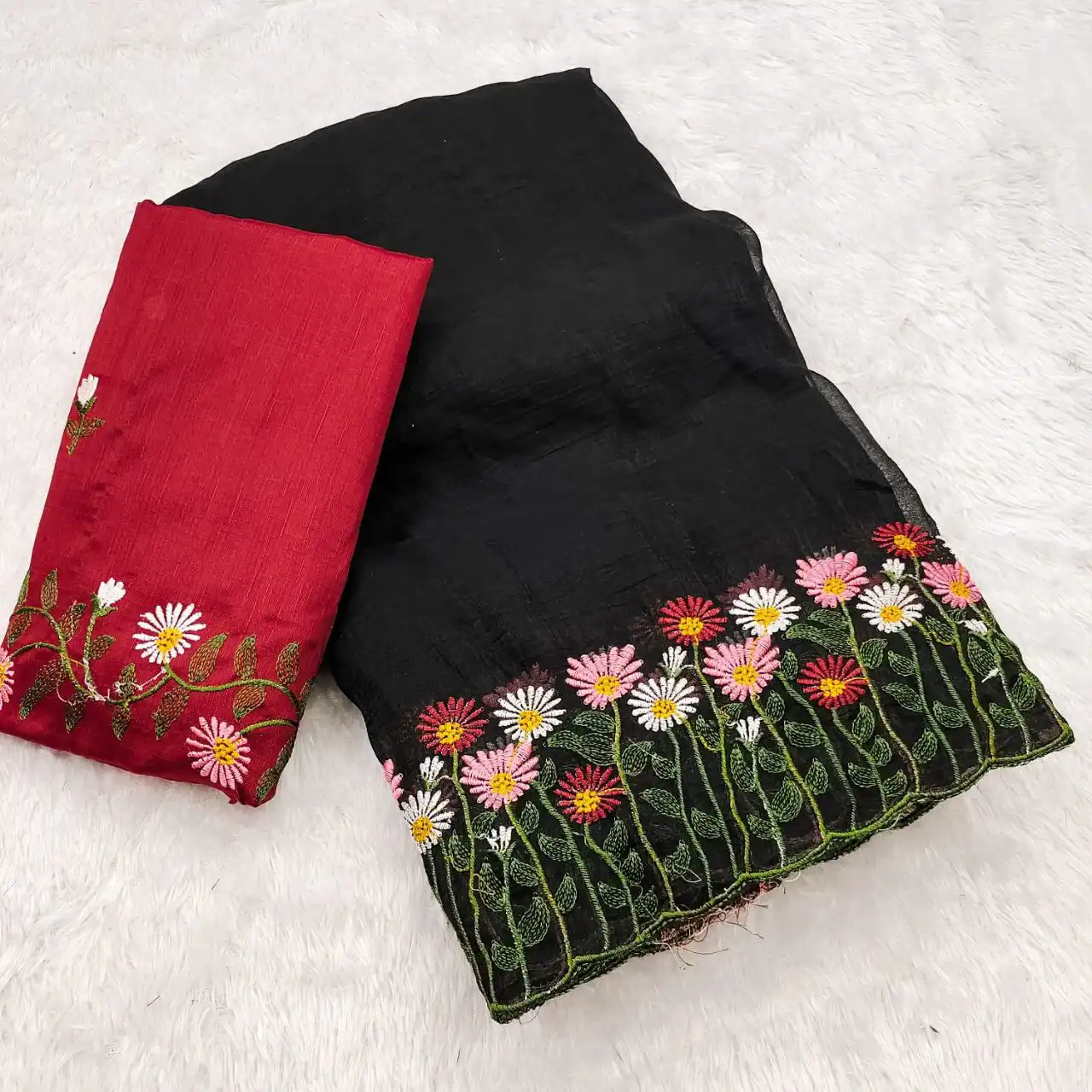 RC1 Vol 65 Soft Wrinkle Crush Embroidery Saree 02 Pcs Set