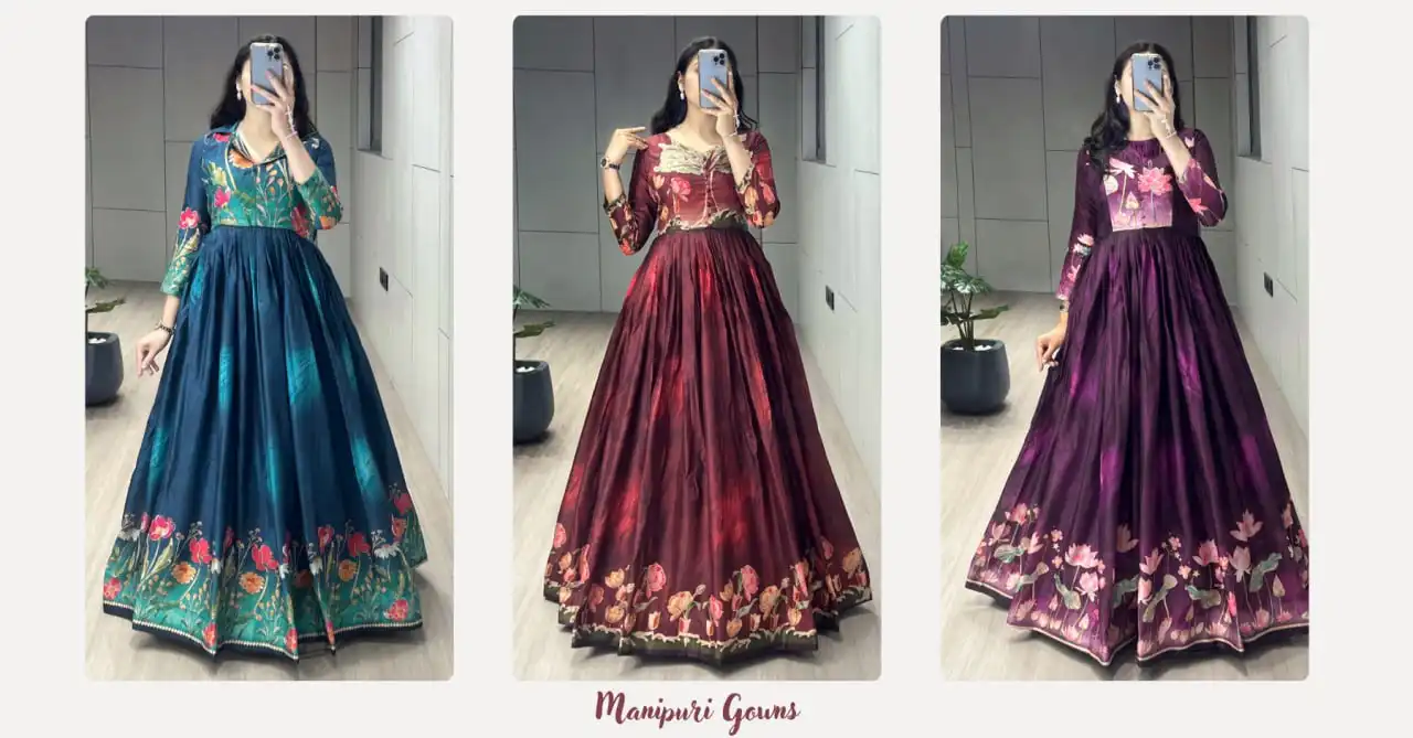 WMT 9031 Manipuri Silk Floral Printed Gown 03 Pcs Set
