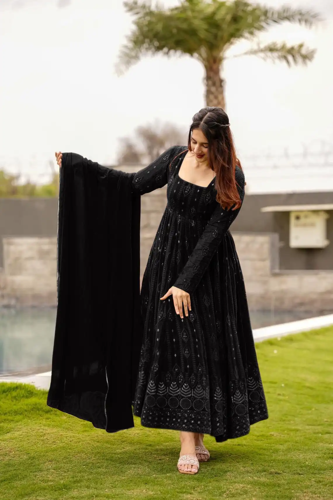 FFD Black Georgette Gown With Dupatta 05 Pcs Set