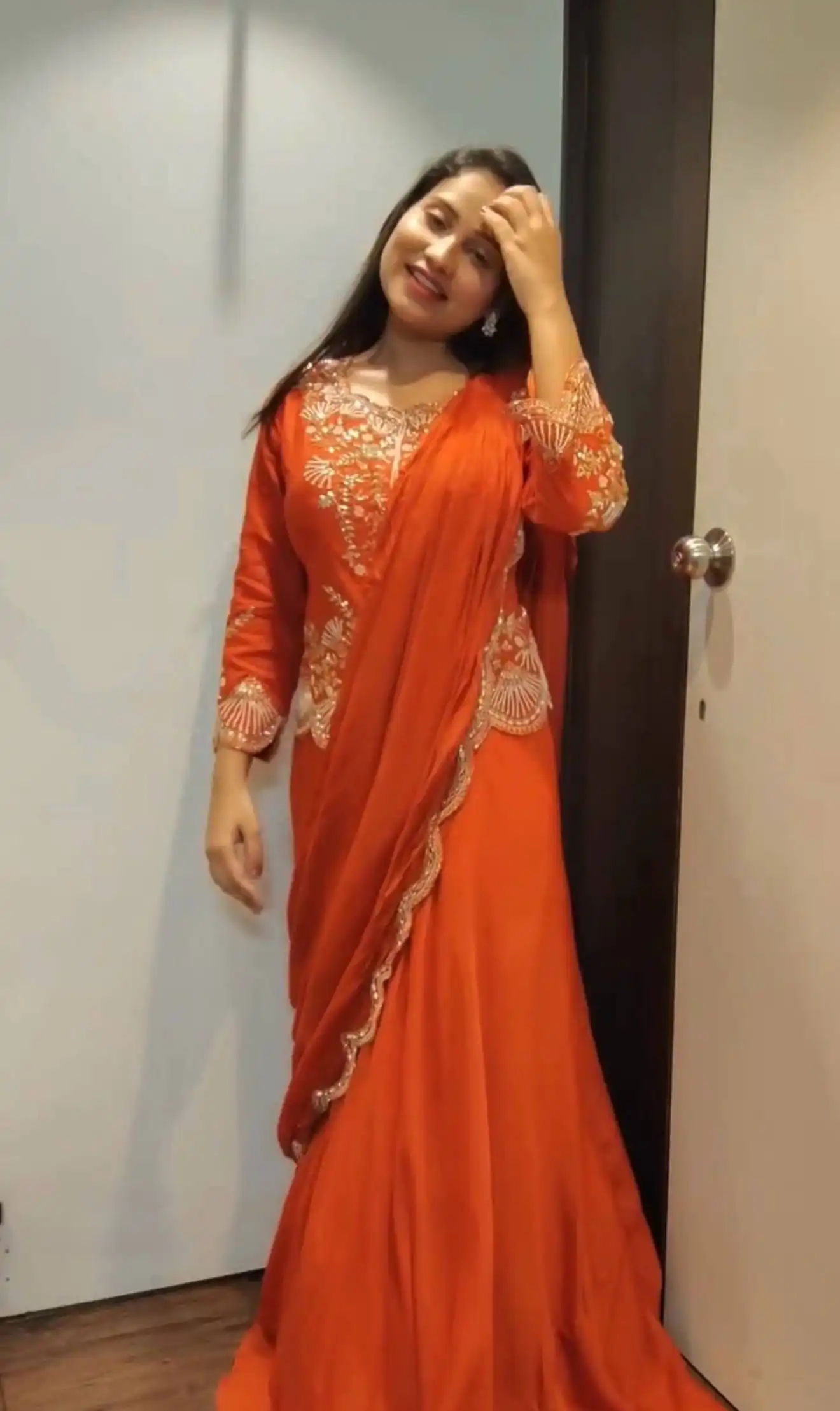 BV 407 Orange Chinon Party Wear Lahenga Sari Blouse